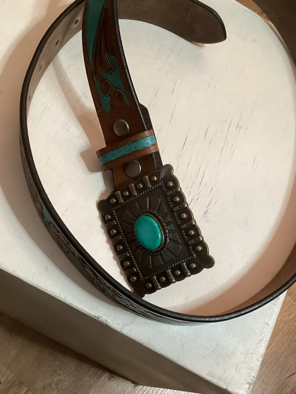 Turquoise Tooled Leather Belt with Decorative Buckle - size 36-38